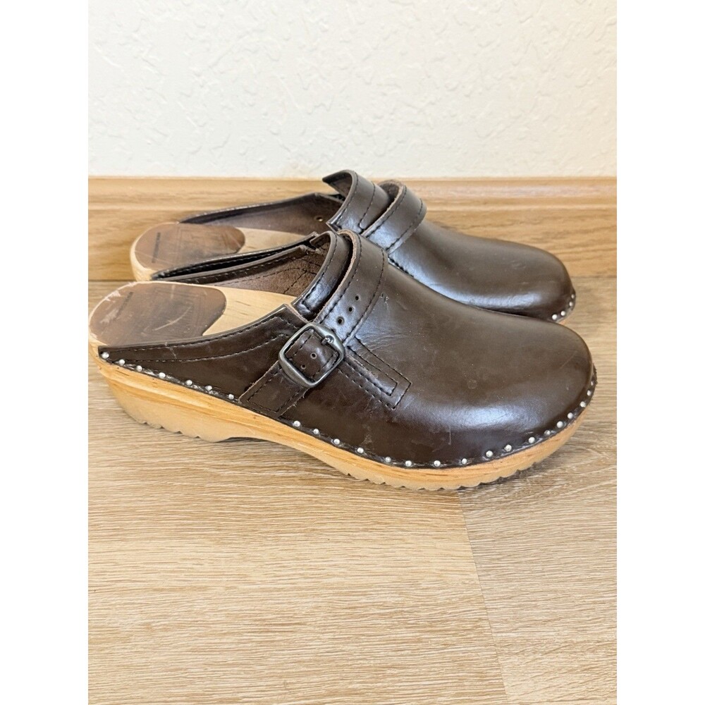 Troentorp Raphael Brown Leather Clogs Slip On Wooden Sole Swedish Size EU 38